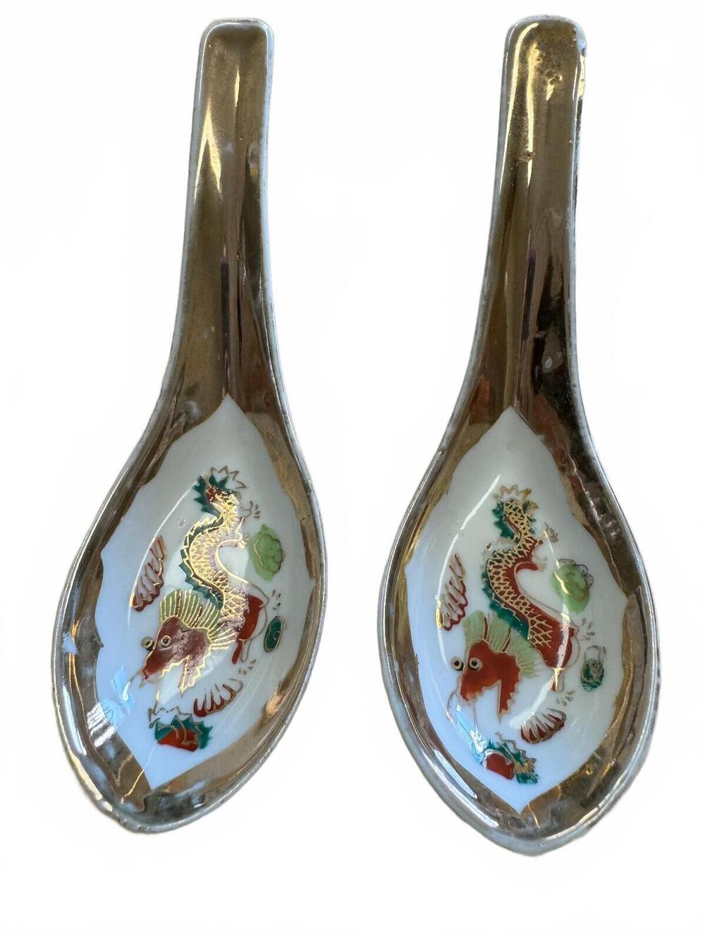 Vintage Japanese Kutani Soup Spoons Dragon Hand Painted Gold Trim Set of 2